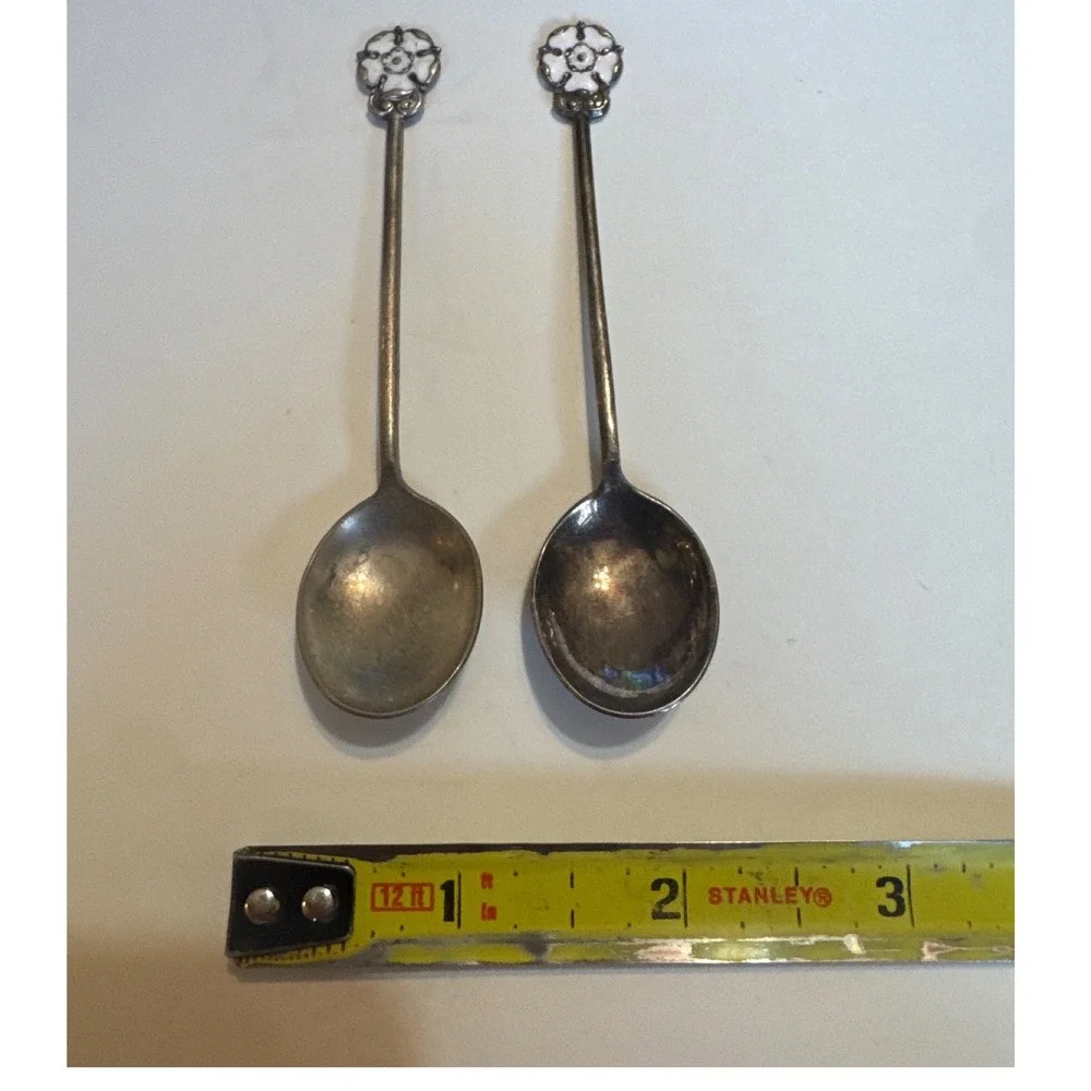 Vintage Exquisite Enamel Rose Silver Tone Souvenir Demitasse Spoons‎ Set of 2